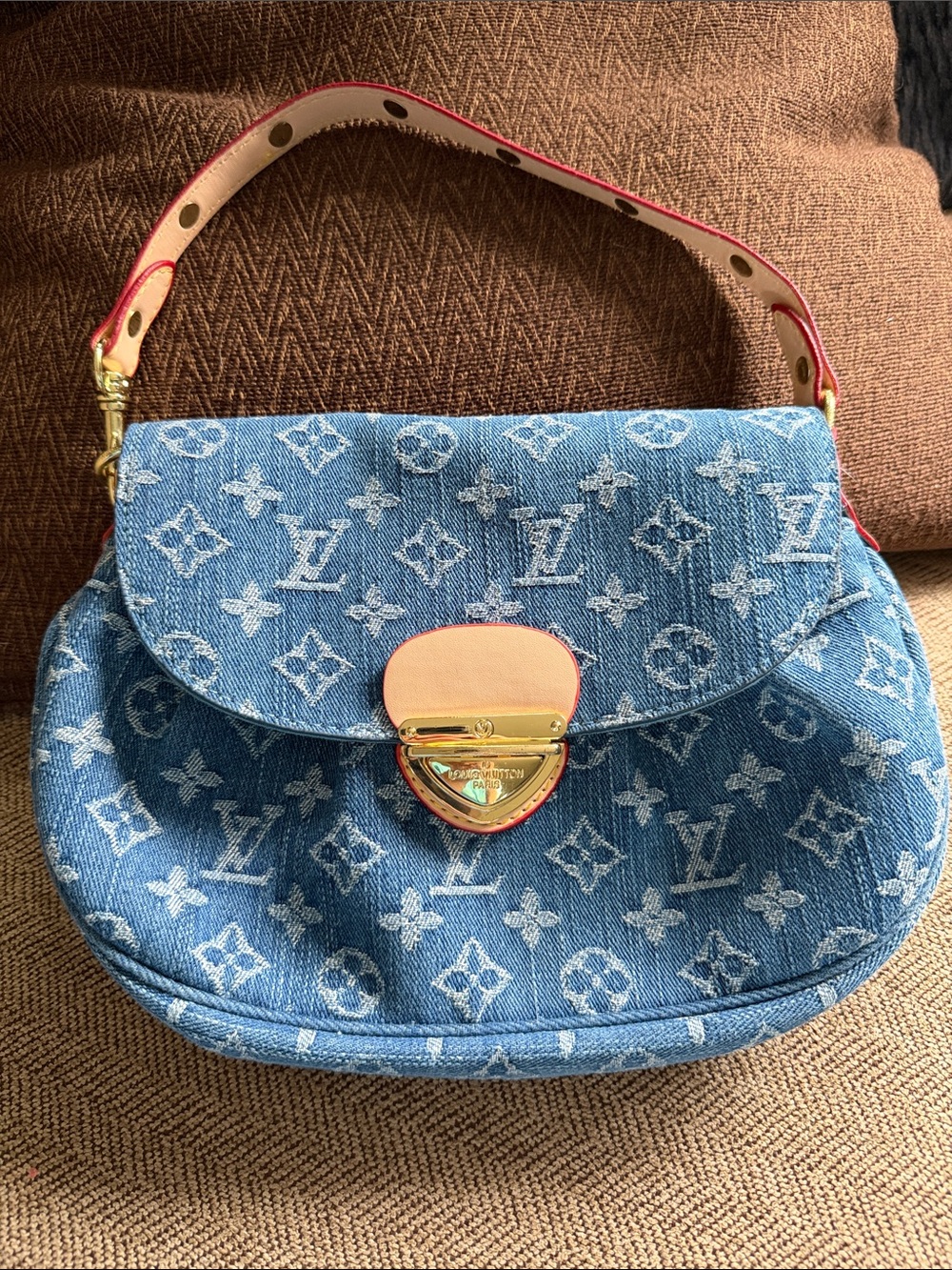 Louis Vuitton Blue Monogram Denim Shoulder Bag with Tan Accent